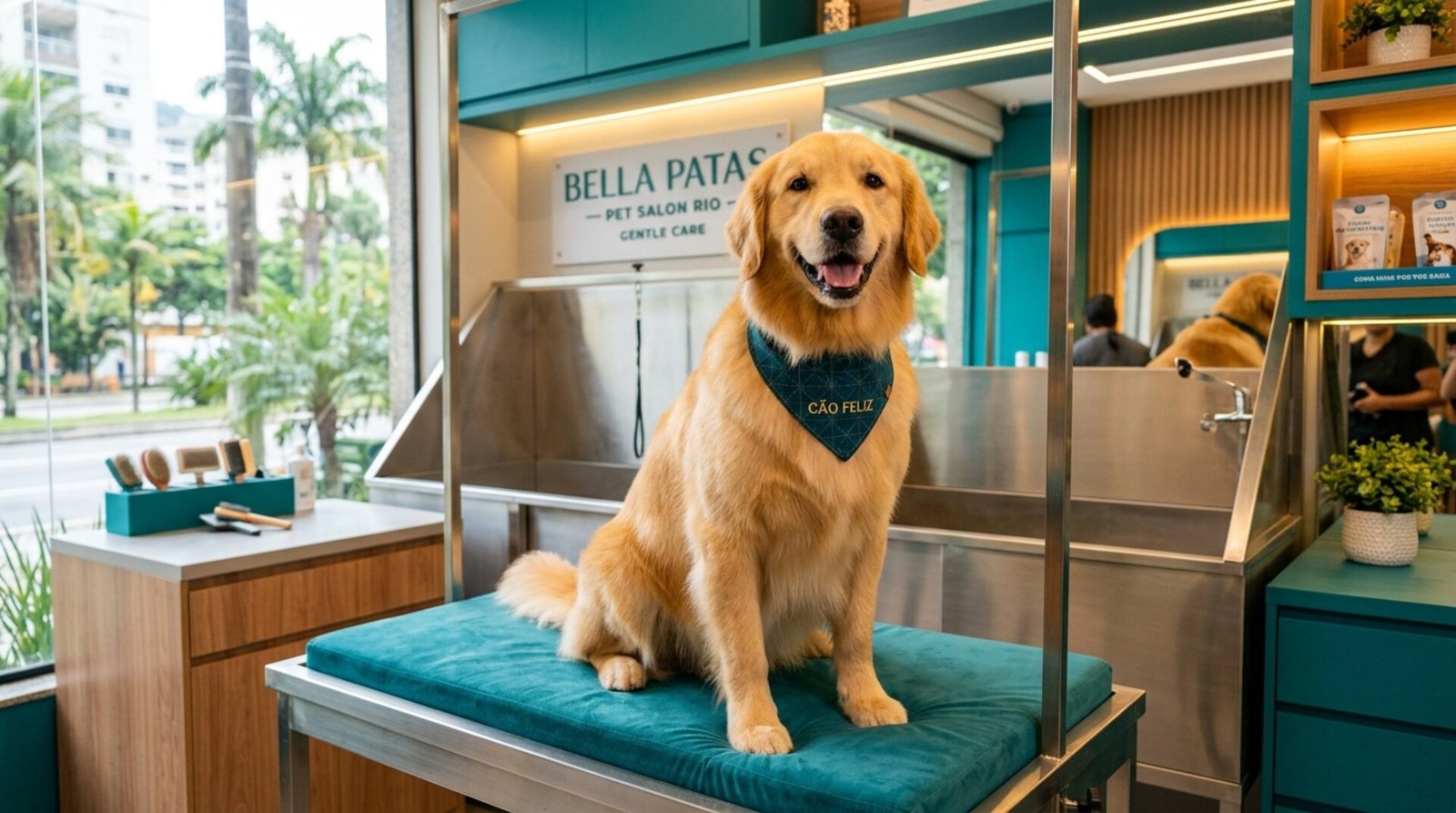 Cão saudável e feliz no banho e tosa da Entre Patas e Pelos no Mondubim