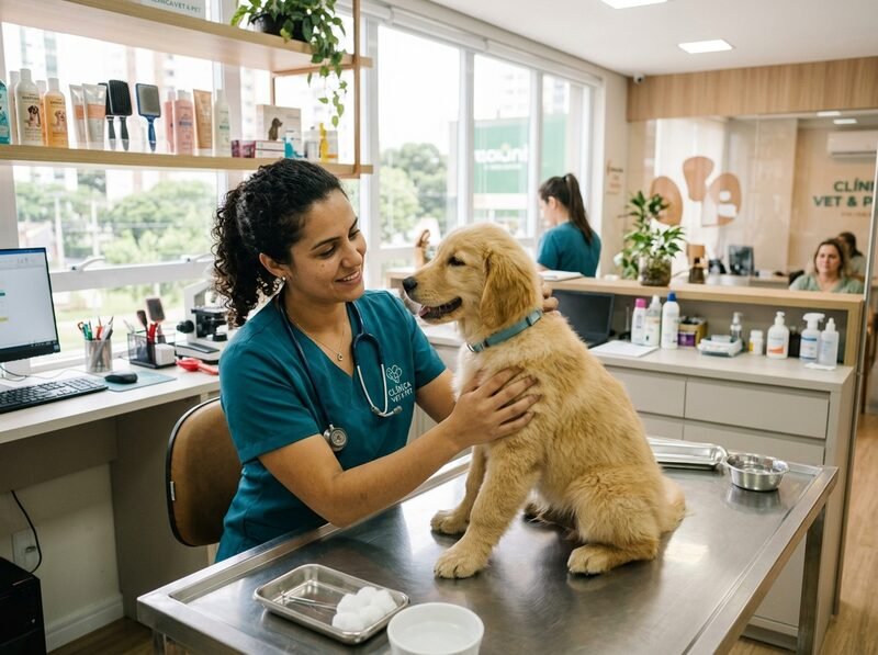 Equipe da Entre Patas e Pelos cuidando com carinho de animal no Mondubim